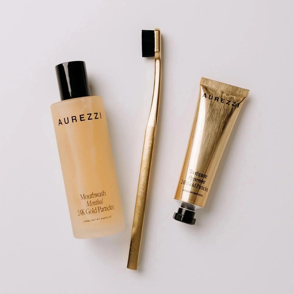 Aurezzi Travel Trio Gold Ağız Bakım Suyu 80Ml Menthol Gold Diş Macunu 25Ml Gold Black Soft Diş Fırça